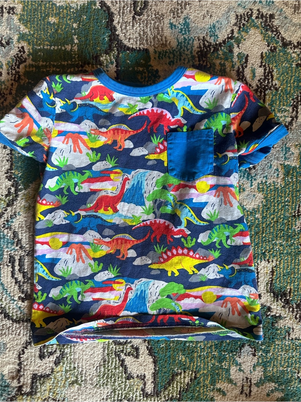 Mini Boden Navy Tee with Multicolor Dinosaur Print and Blue Pocket
